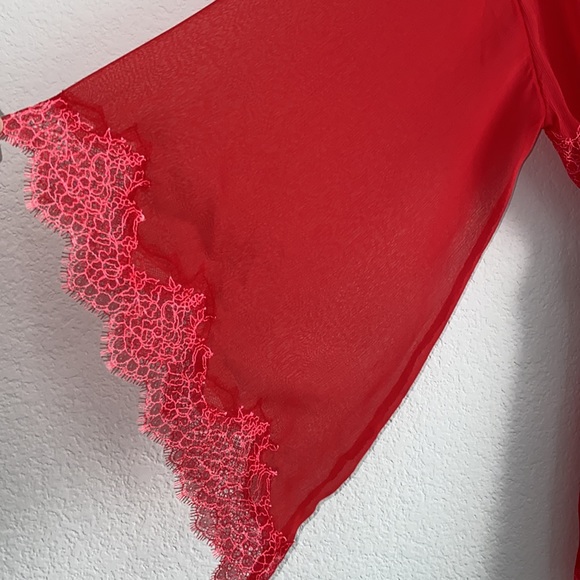 Rare Chantilly VS Lace Trim Short Robe Kimono One Size Red - Picture 4 of 8